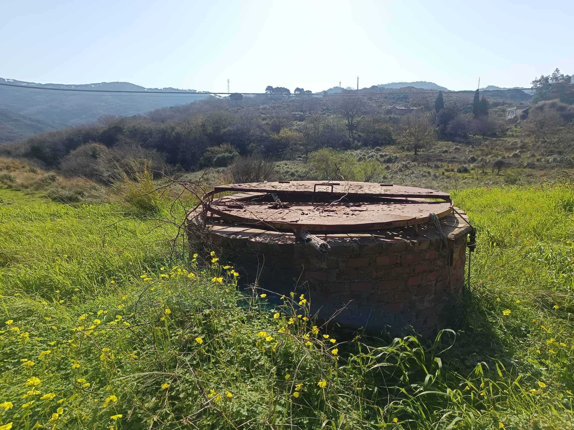 Pozzo abbandonato in campagna, circondato da erba e fiori selvatici, con colline e cielo azzurro sullo sfondo, rappresenta un elemento rurale e storico.