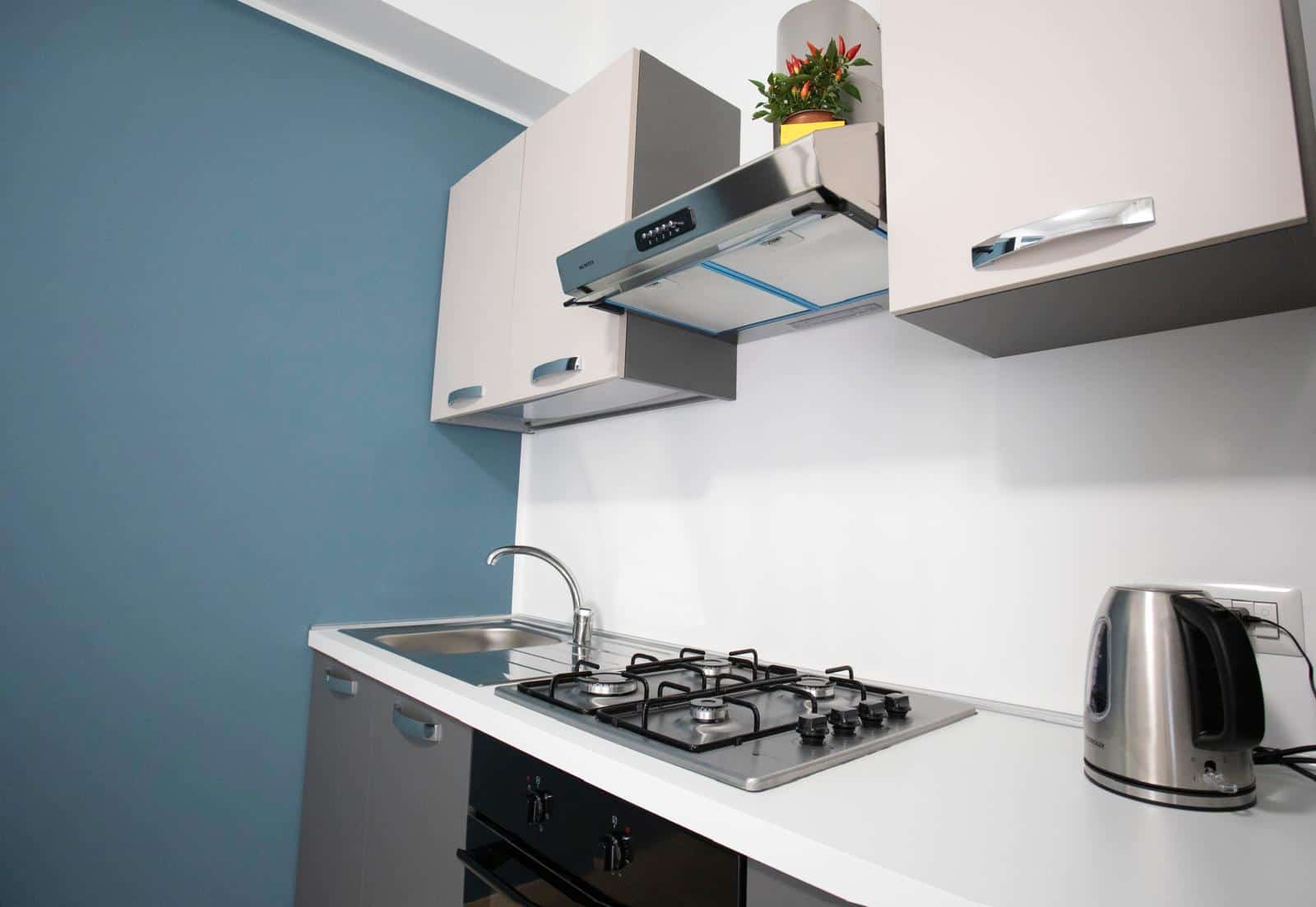 Lavastoviglie moderna in cucina con piano cottura a gas, cappa aspirante e bollitore elettrico, arredamento minimalista e pareti colorate per uno stile funzionale e accogliente.