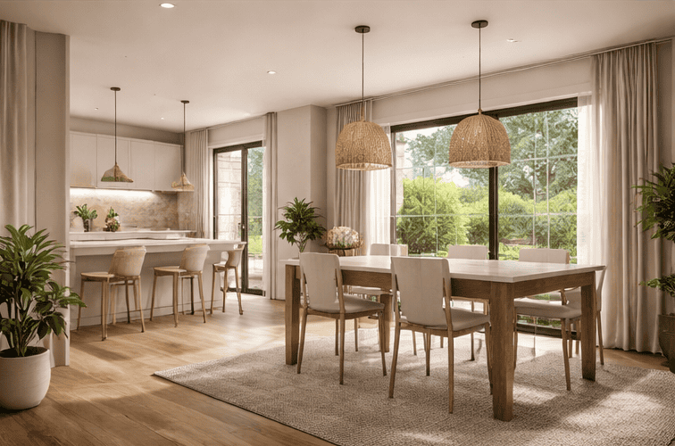 Ampio soggiorno con zona pranzo e cucina moderna, illuminata da grandi finestre e lampade di design, arredamento elegante in stile minimalista, perfetto per vivere e ricevere ospiti.