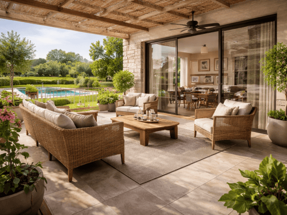 Spaziosa terrazza esterna arredata con divani in rattan, tavolino e piante, con vista sul giardino e piscina, ideale per relax e convivialità all'aperto.