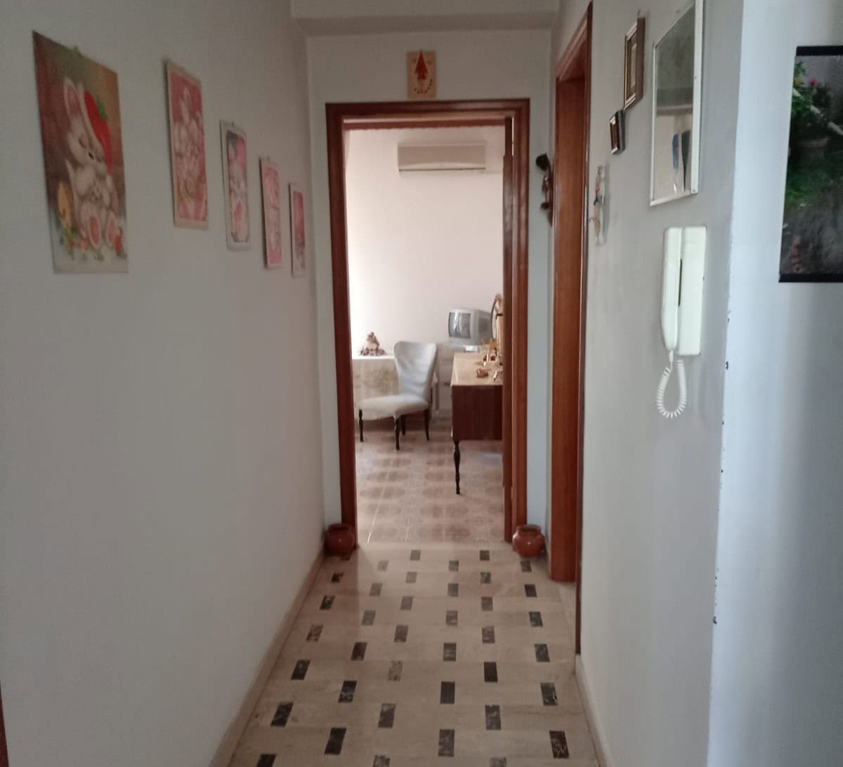 Corridor interno con pareti decorate e accesso a un soggiorno luminoso, pavimento in piastrelle geometriche, pareti bianche e arredi funzionali, atmosfera accogliente e ordinata.