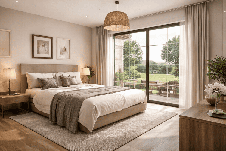 Aria di camera da letto moderna con grandi finestre che offrono vista sul giardino, arredamento elegante e atmosfera accogliente, ideale per case di lusso e immobili di alta qualità.