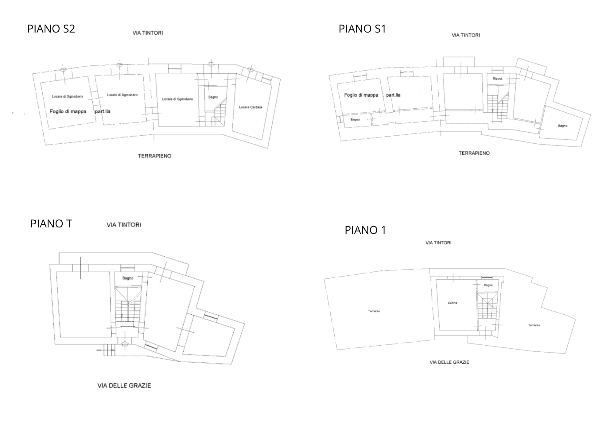 Progetto architettonico di piani di una casa con planimetrie dettagliate di PIANO S2, PIANO 1, PIANO T e PIANO 1, evidenziando distribuzione degli spazi, ingressi e aree esterne, ideale per chi cerca.