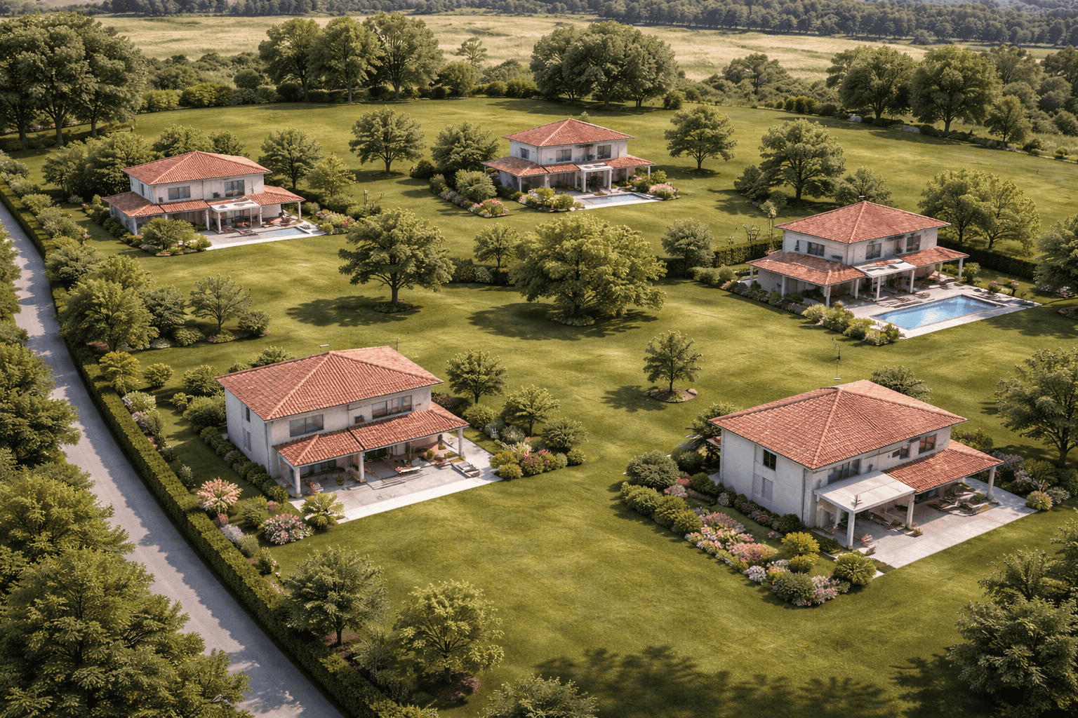 Ampia vista di ville di lusso con giardini curati e piscina, immersa in un paesaggio verde e tranquillo, ideale per residenze esclusive e relax all'aperto.