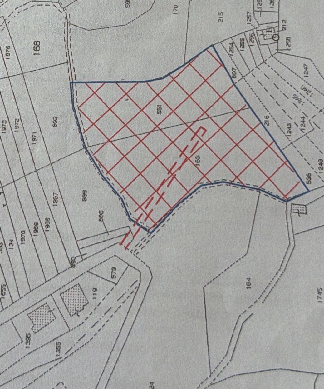 Aggiungi un'immagine di un piano di terreno con delimitazioni e suddivisioni catastali, evidenziando un'area edificabile o di interesse immobiliare.