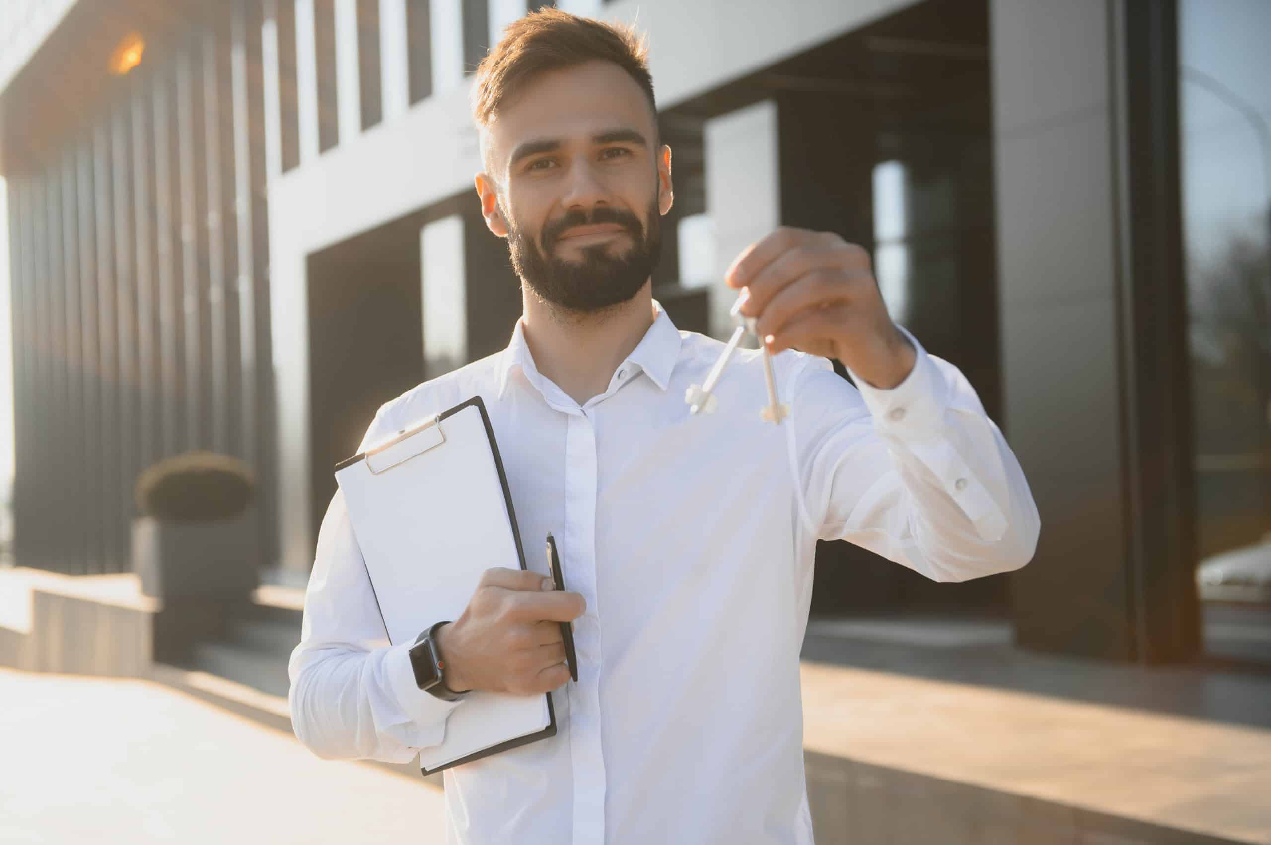 Un uomo d'affari sorridente con barba, vestito in camicia bianca, che tiene una cartella e una busta, davanti a un edificio moderno, simbolo di professionalità e successo nel settore immobiliare.