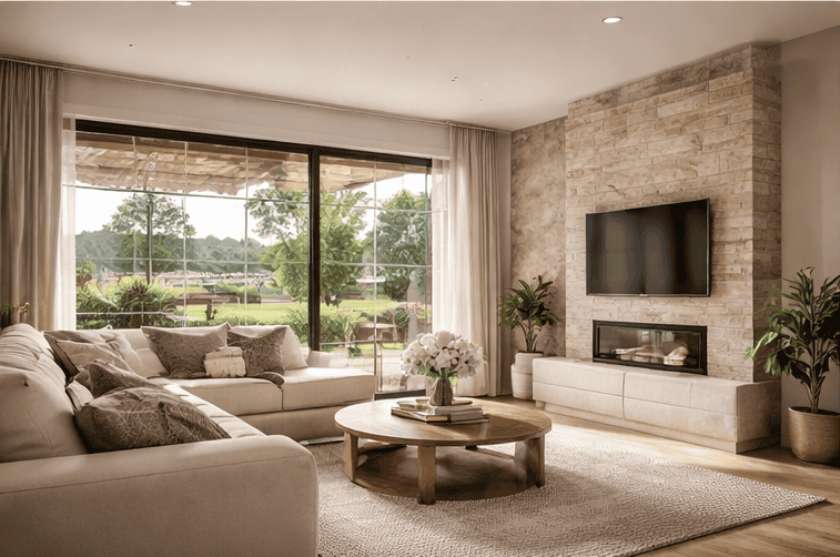 Ampia zona living moderna con grandi finestre che offrono vista sul giardino, arredamento elegante e accogliente, ideale per relax e intrattenimento in casa.