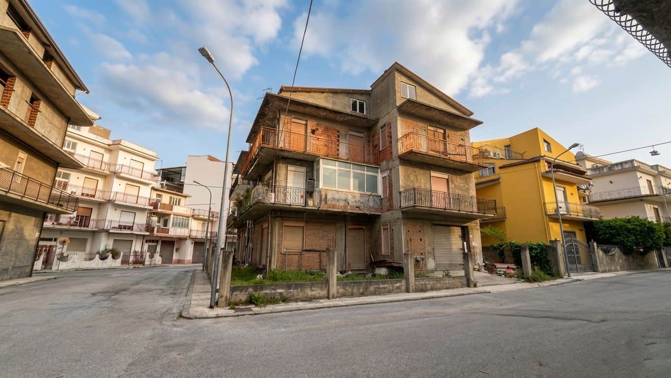 Abitazione in costruzione o ristrutturazione in un quartiere urbano, con struttura in cemento e legno, balconi e finestre, situata in una zona residenziale di città.