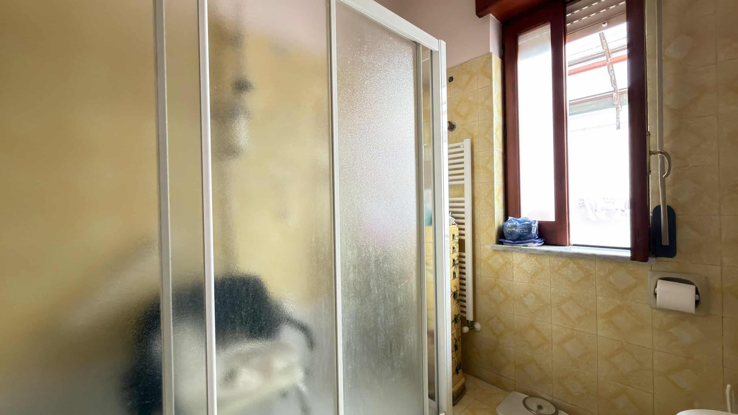 Doccia moderna con pareti in vetro satinato in un bagno luminoso e spazioso.