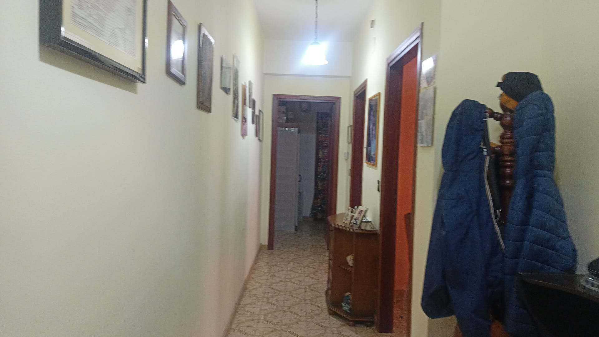 Porte di ingresso e corridoio con appendiabiti e quadri alle pareti, ambiente accogliente e ben illuminato.