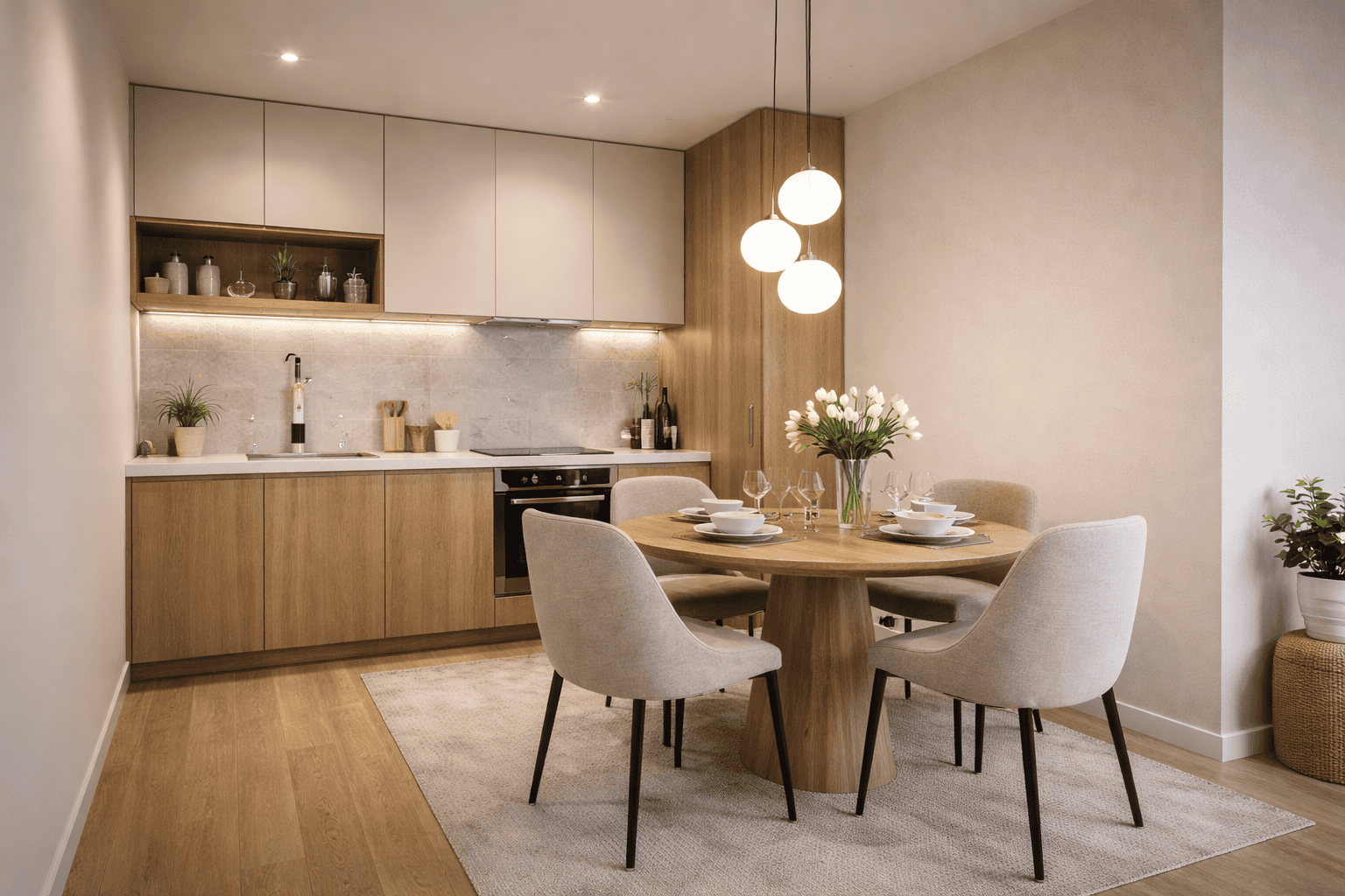 Cucina moderna con tavolo da pranzo rotondo, sedie beige e decorazioni floreali, ambiente luminoso e accogliente.