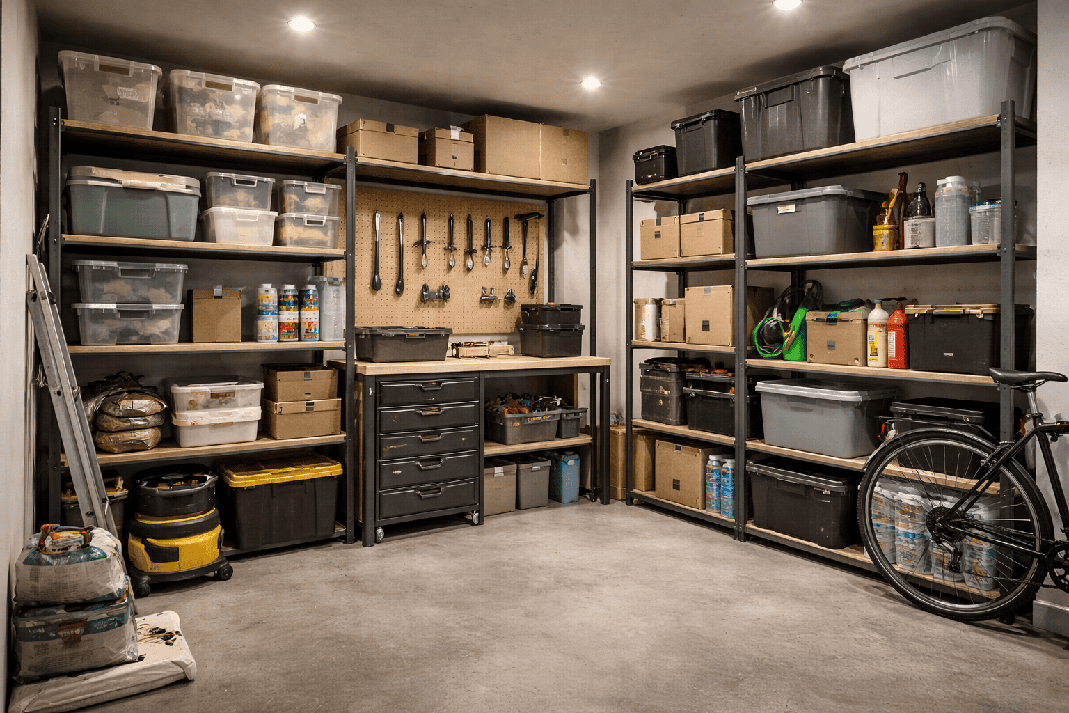 Ripostiglio in garage con scaffalature metalliche e scatole di stoccaggio, attrezzi e materiali vari organizzati per il fai-da-te e il bricolage.