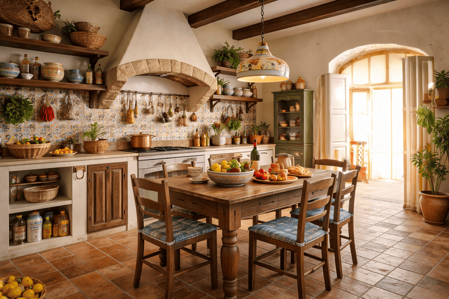 Antistress, cucina rustica con mobili in legno, piante e accessori in stile country, ambiente accogliente e luminoso con grande finestra e decorazioni naturali.
