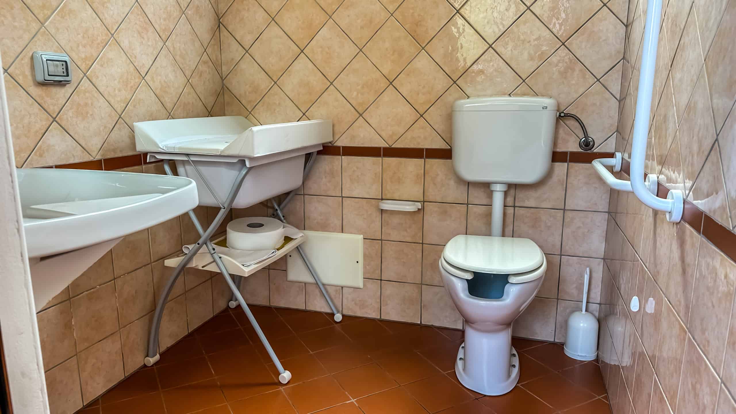 Assistenza per persone con disabilità in bagno con sanitari e accessori di supporto.