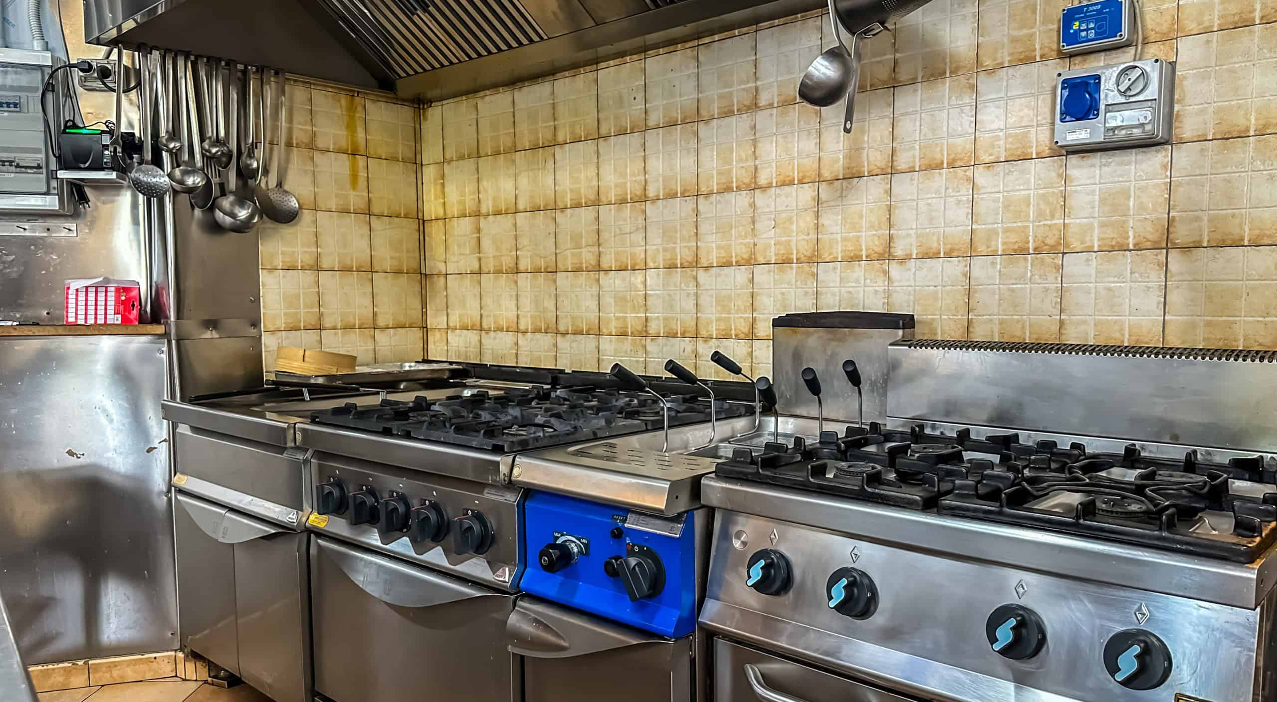 Piatto di cucina industriale con forni e piani cottura in acciaio inox, ideale per ristoranti e cucine professionali.
