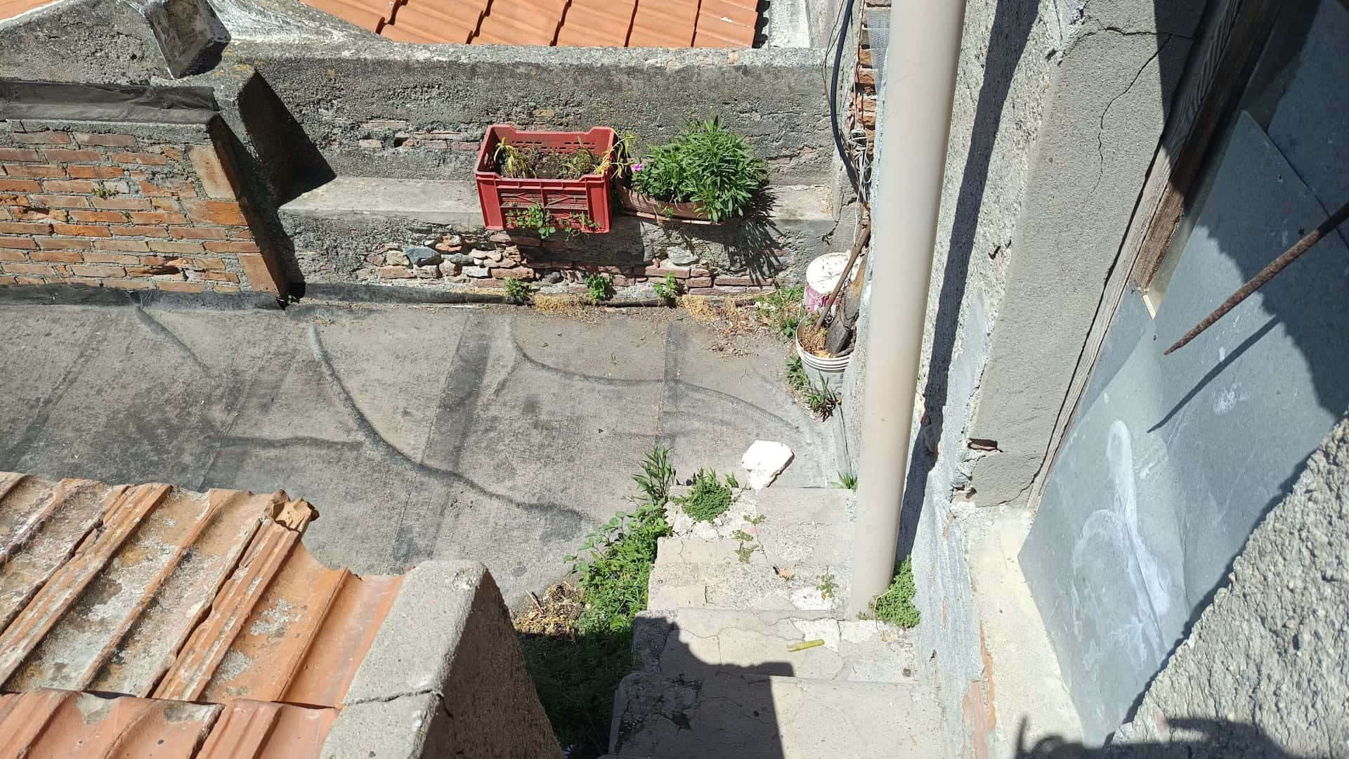 Balcone con piante e fioriere in un cortile urbano, vista dall'alto, con pareti in mattoni e cemento, illuminato dalla luce naturale del giorno.
