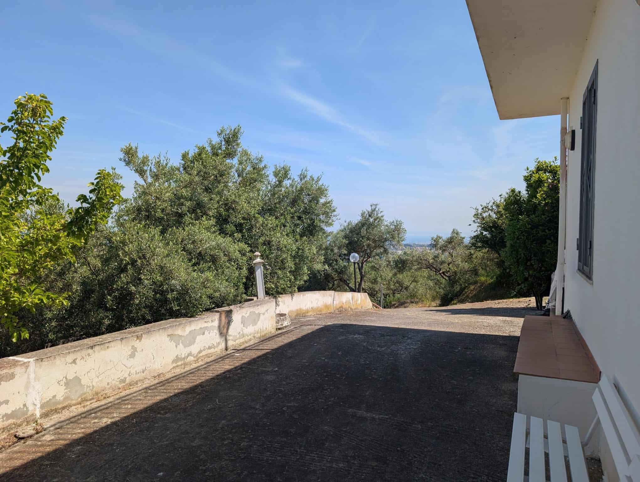 Vista panoramica di un terrazzo esterno con piante e cielo azzurro, ideale per relax e momenti all'aperto in una casa in Italia.