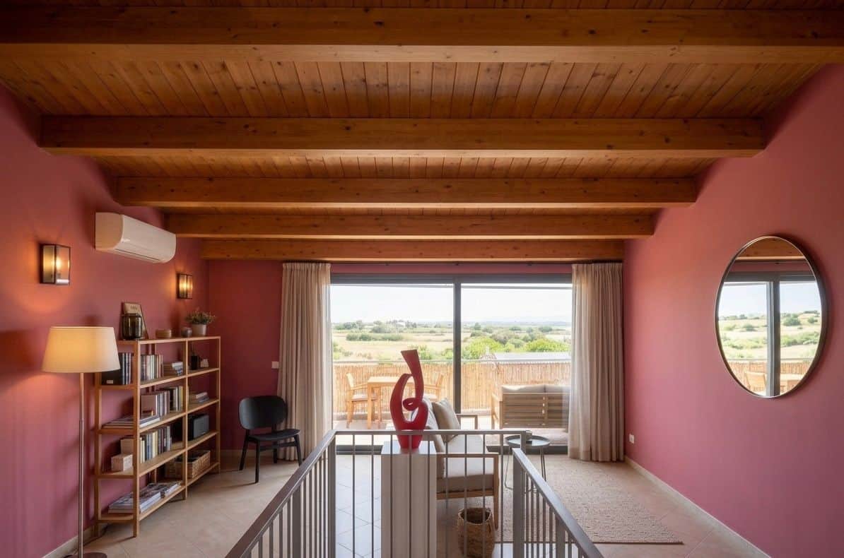 Ampio soggiorno con pareti rosa, soffitto in legno e grande finestra panoramica che offre vista sulla natura circostante, arredato con mobili moderni e decorazioni eleganti.