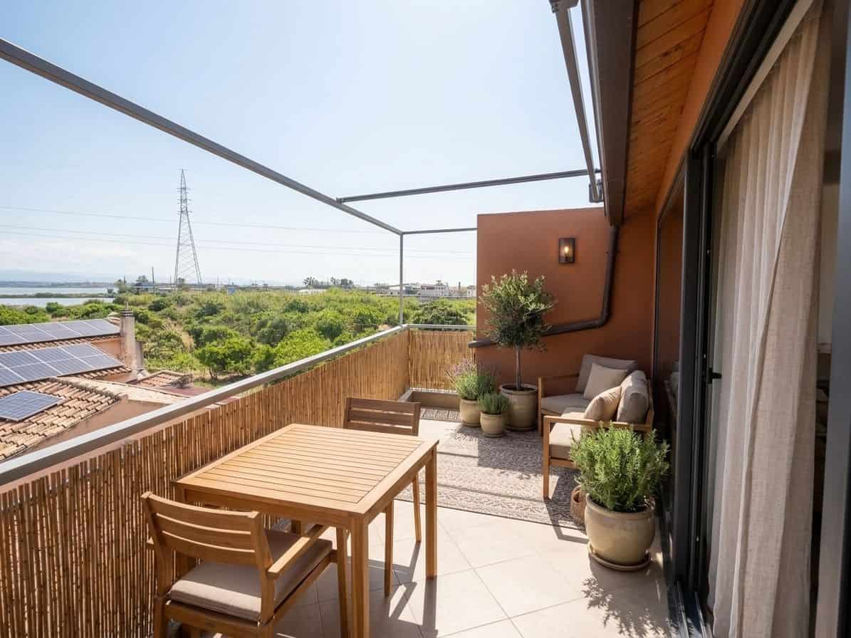 Balcone arredato con mobili in legno, piante e vista panoramica sulla natura e il cielo sereno, ideale per relax e convivialità all'aperto.