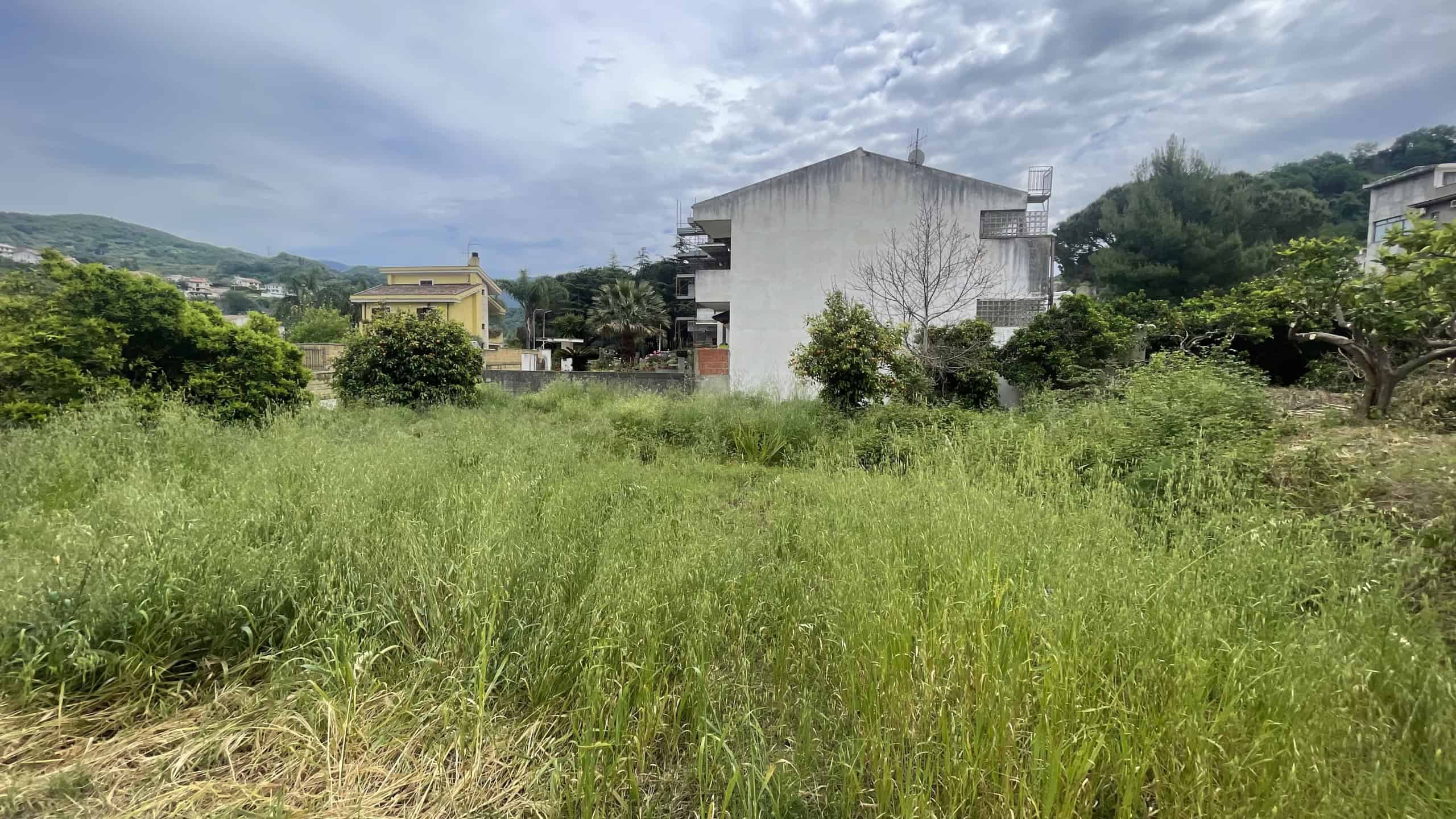 Ampia area verde con erba alta e alberi, sfondo di edifici residenziali e colline, cielo nuvoloso, ambiente tranquillo e naturale, ideale per progetti di sviluppo immobiliare o investimento.