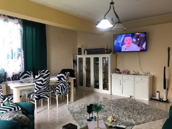 Sedia da pranzo con sedie zebra print in soggiorno luminoso con TV e arredi moderni.