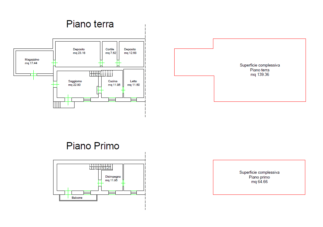 Aggiunta di planimetria di una casa con dettagli di piano terra e primo, evidenziando le superfici e le aree di deposito, magazzino e balcone per un'ottimale comprensione degli spazi abitativi.