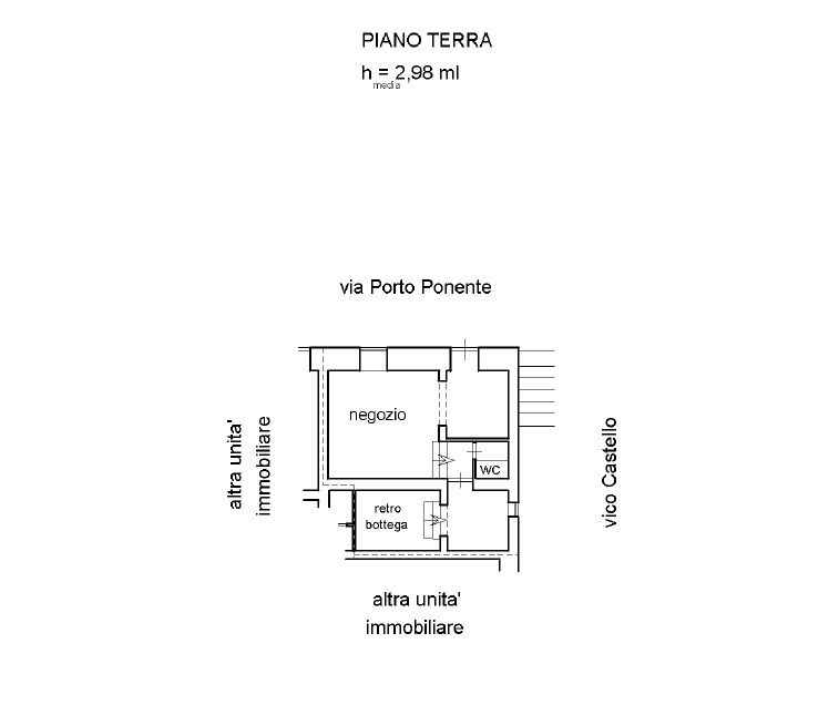 Planimetria di un negozio commerciale al piano terra con servizi e retro bottega, situato in zona vico Castello, ideale per attività commerciali e investimento immobiliare.