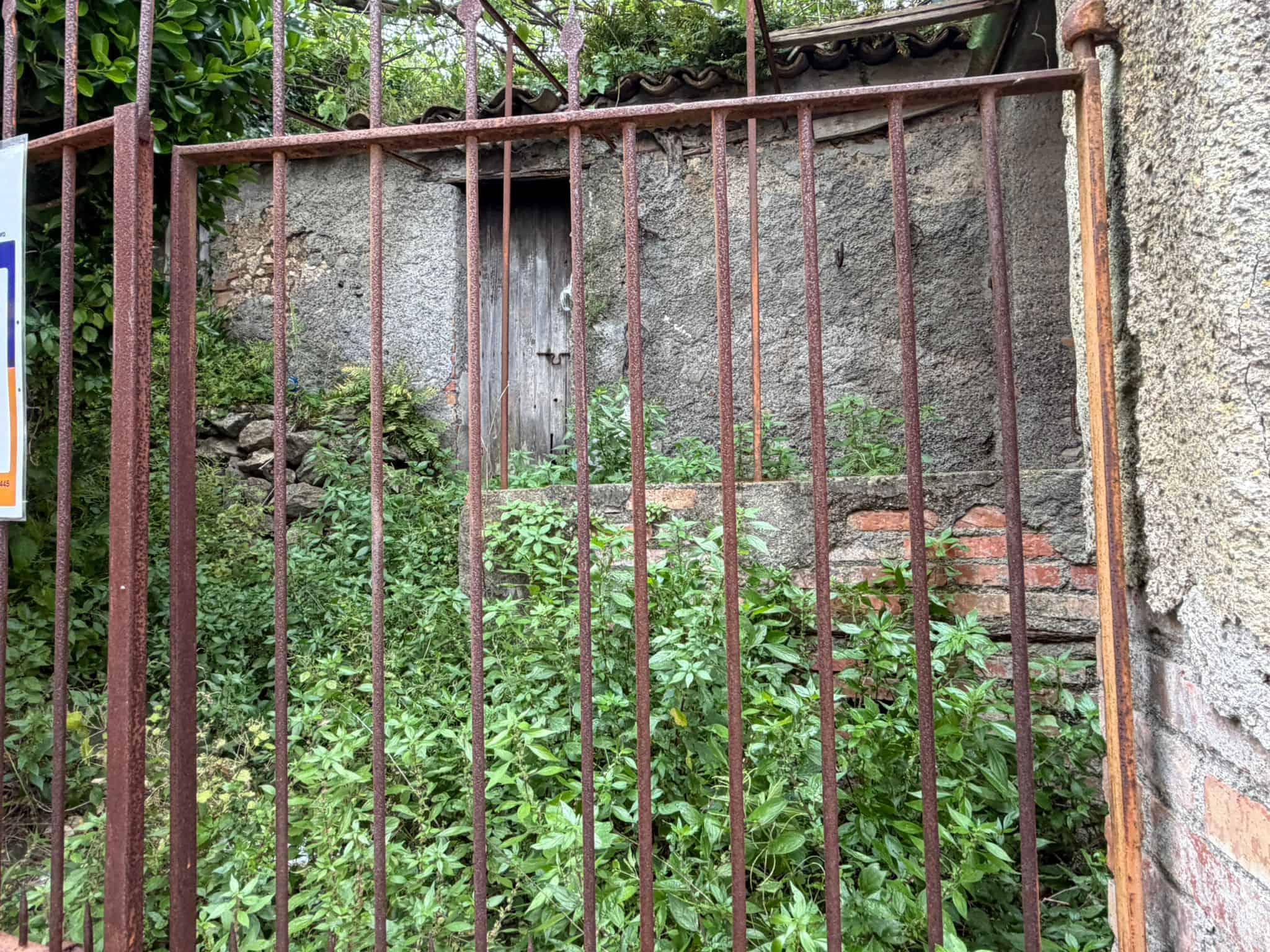 Cancello in ferro arrugginito con vegetazione verde e pareti in pietra e mattoni, ingresso di un edificio abbandonato o in rovina.