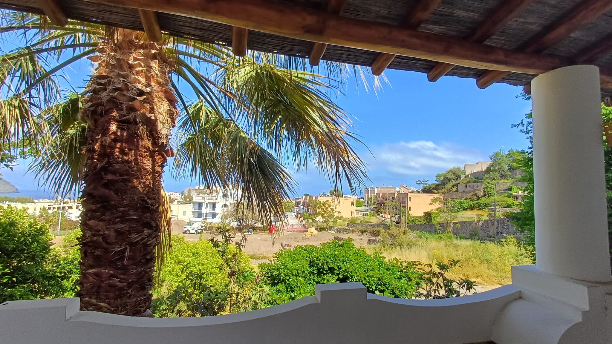 Una vista panoramica di un giardino tropicale con palme e vegetazione verde, sotto un portico in legno, con un cielo azzurro e alcune case sullo sfondo, in un ambiente residenziale soleggiato.