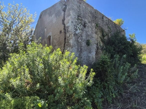 Antico edificio abbandonato circondato da vegetazione rigogliosa, situato in un paesaggio naturale con cielo sereno, rappresenta un esempio di architettura storica e degrado ambientale.