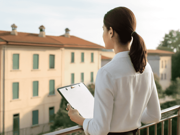 Un'operatrice immobiliare con abbigliamento professionale che tiene un tablet, in piedi su un balcone con vista su edifici storici e natura, durante una giornata soleggiata.