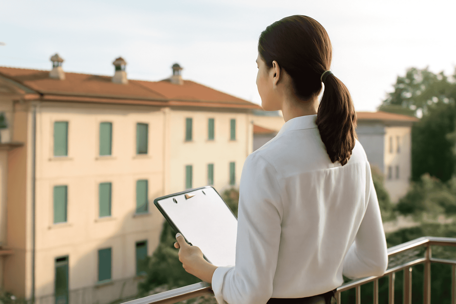Un'operatrice immobiliare con abbigliamento professionale che tiene un tablet, in piedi su un balcone con vista su edifici storici e natura, durante una giornata soleggiata.