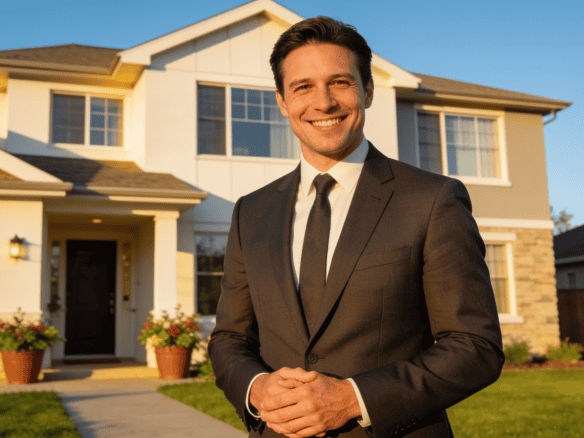Uomo in abito elegante sorridente davanti a una casa moderna e luminosa, simbolo di successo e affidabilità nel settore immobiliare.
