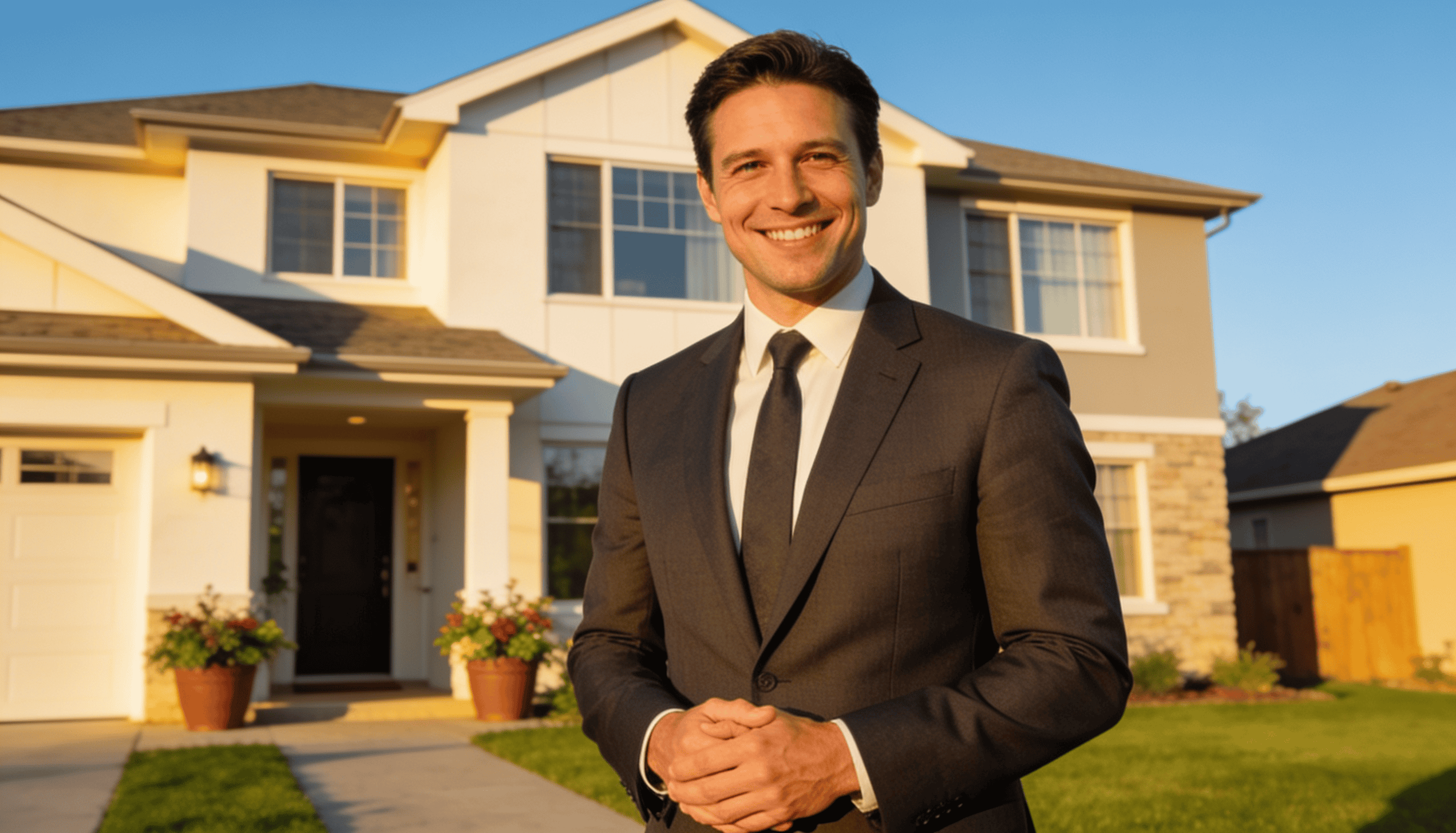 Uomo in abito elegante sorridente davanti a una casa moderna e luminosa, simbolo di successo e affidabilità nel settore immobiliare.