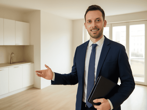 Un agente immobiliare sorridente in abito formale che presenta un appartamento moderno e luminoso con grandi finestre e cucina minimalista, ideale per vendite e affitti immobiliari.