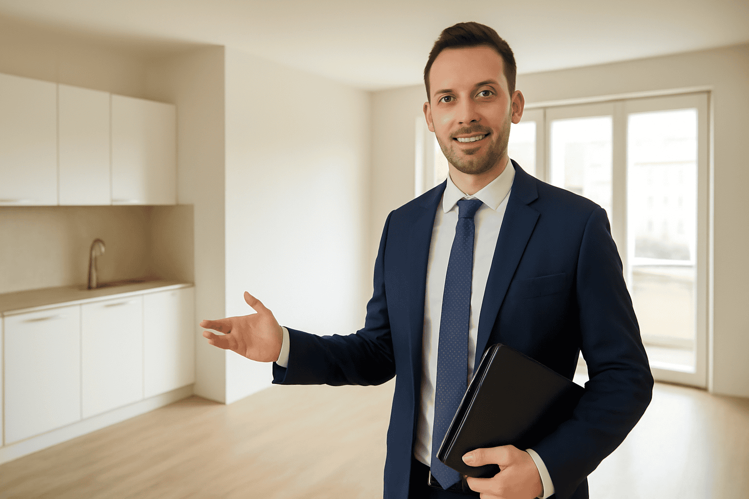 Un agente immobiliare sorridente in abito formale che presenta un appartamento moderno e luminoso con grandi finestre e cucina minimalista, ideale per vendite e affitti immobiliari.