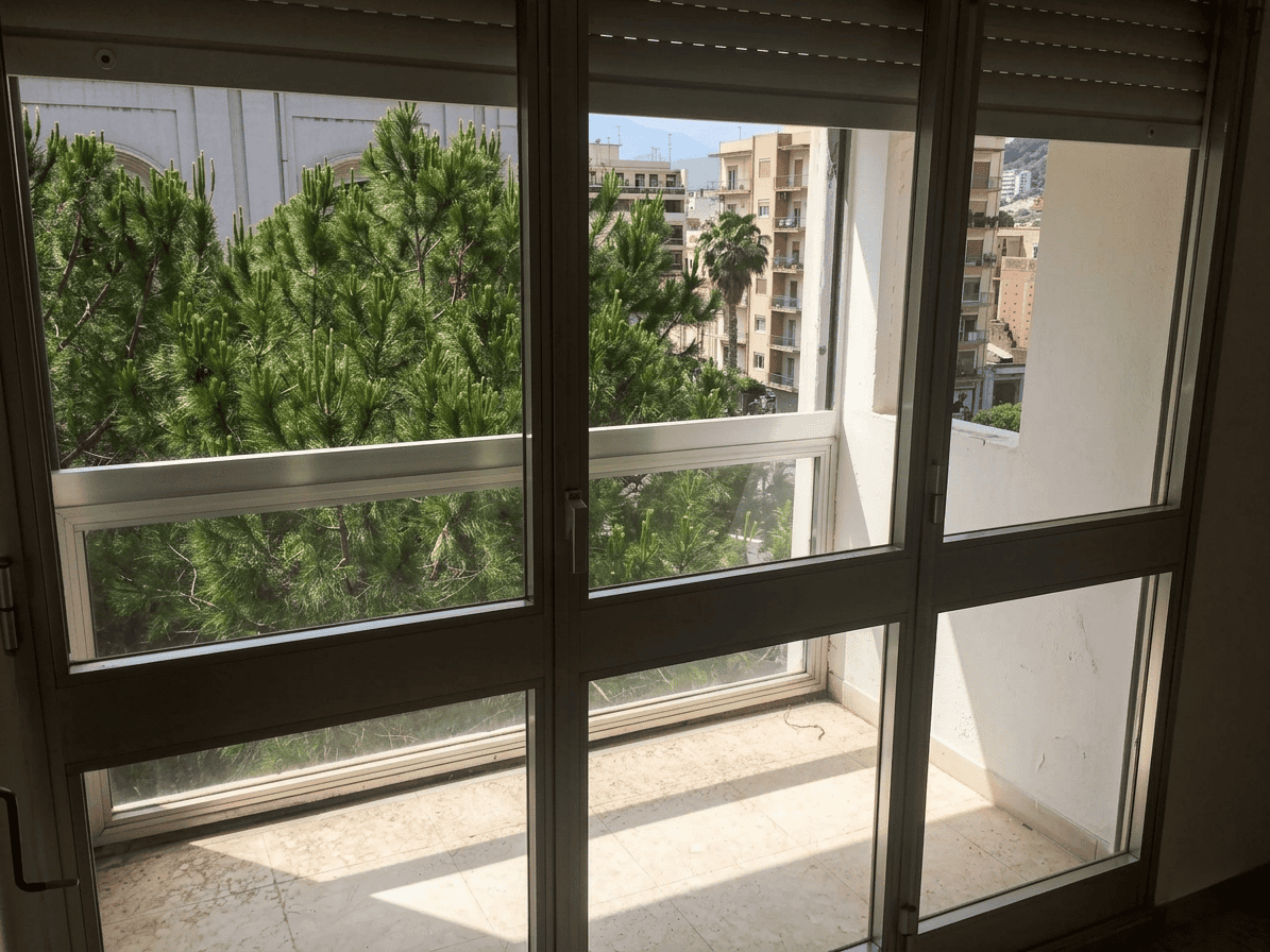 Balcone con vista sulla città e piante verdi, ideale per relax e godersi il panorama urbano. Ampio spazio esterno con accesso tramite grandi finestre scorrevoli, perfetto per appartamenti moderni.
