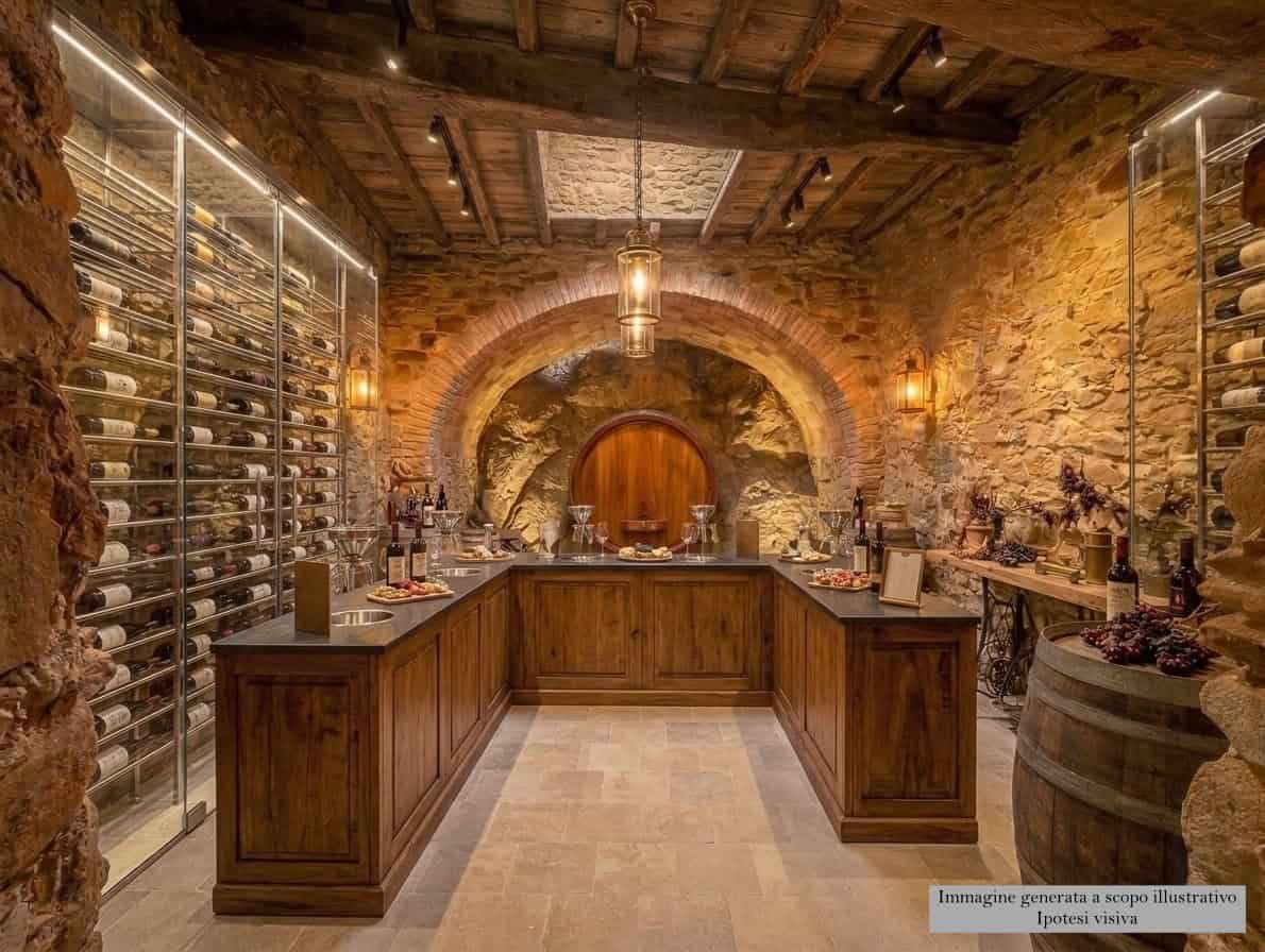 Cantina sotterranea con scaffali di vino e tavolo in legno, ambiente rustico e accogliente.