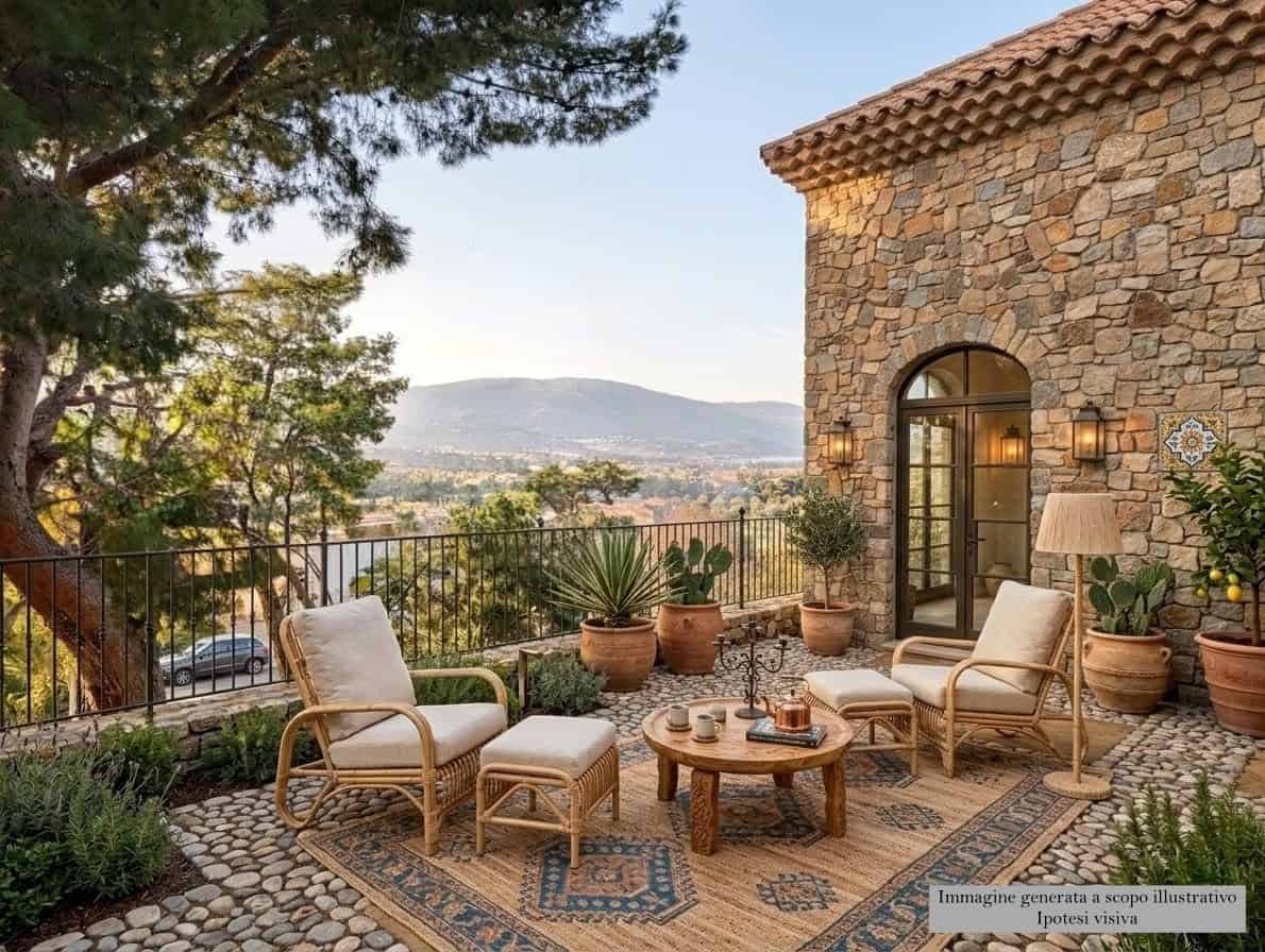 Terrazza con vista panoramica, arredi in stile rustico, piante e sedie in vimini, vicino a una casa in pietra, in vendita a Patti, Me.
