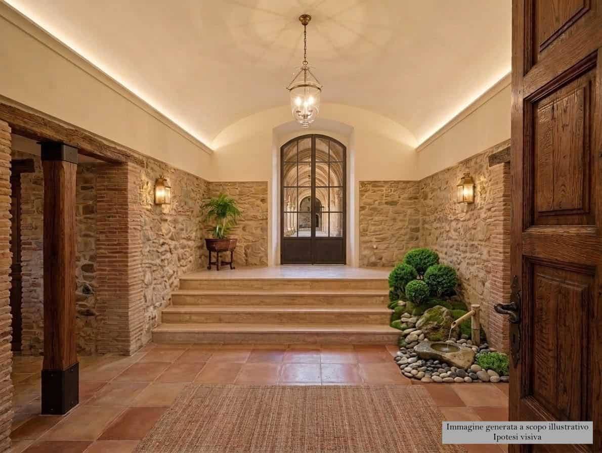 Ingresso elegante di un rudere con terreno in vendita a Patti, con pareti in pietra, luci soffuse e decorazioni verdi.