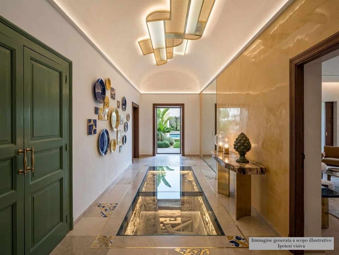 Elegante ingresso di una casa con pareti beige, decorazioni di piatti e un'illuminazione moderna a soffitto.