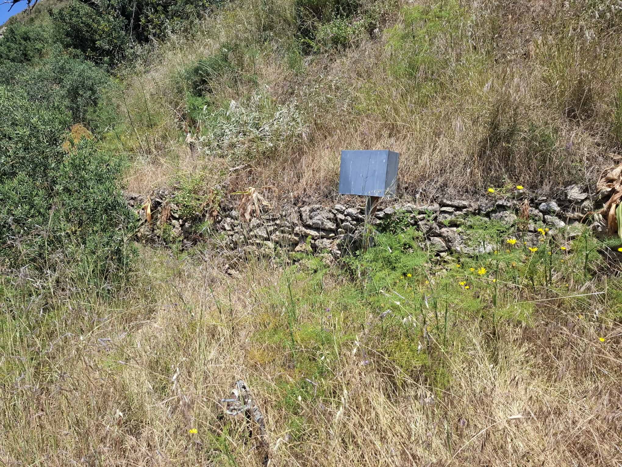 Primo piano di un pannello solare installato su un terreno incolto con erba secca e vegetazione naturale, ideale per energie rinnovabili e sostenibilità ambientale.