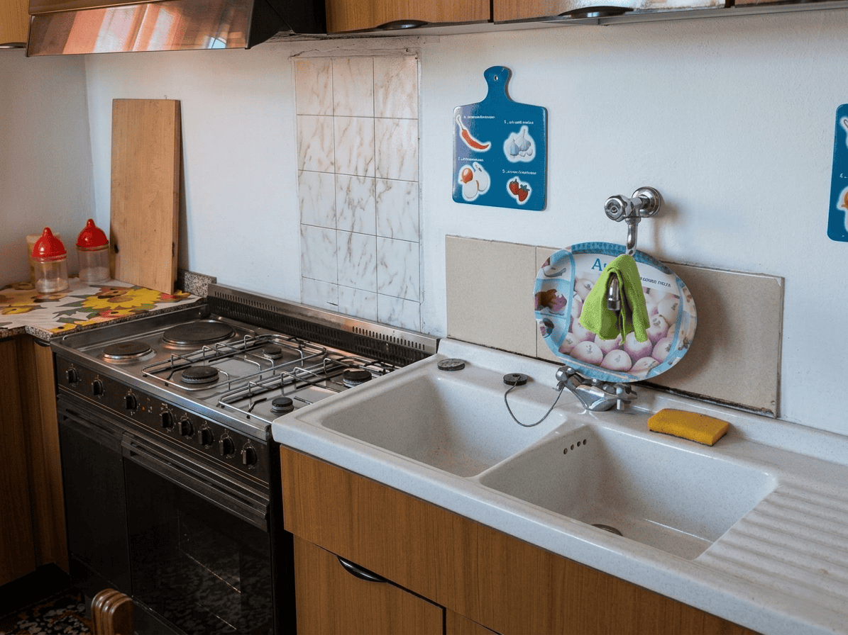 Lavandino da cucina con accessori colorati e piani di lavoro in legno, ideale per cucine funzionali e moderne. Dettaglio di un ambiente domestico con utensili e decorazioni pratiche.
