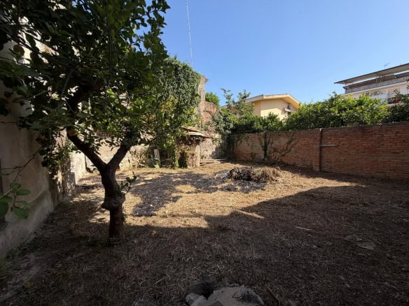 Giardino di una casa indipendente con alberi e muro di mattoni, spazio esterno tranquillo e privato.