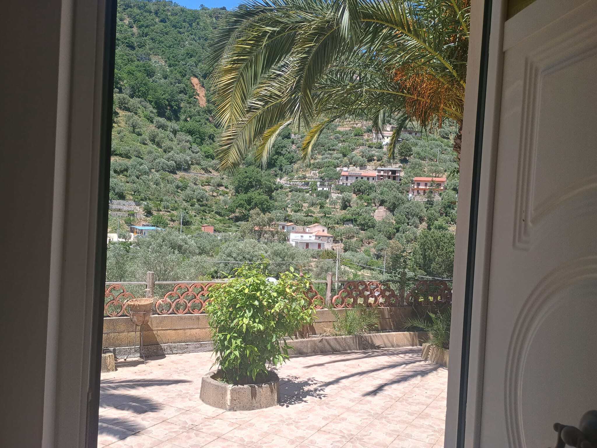 Vista panoramica sulle colline dalla casa, con terrazza e piante verdi, in un ambiente tranquillo e naturale.