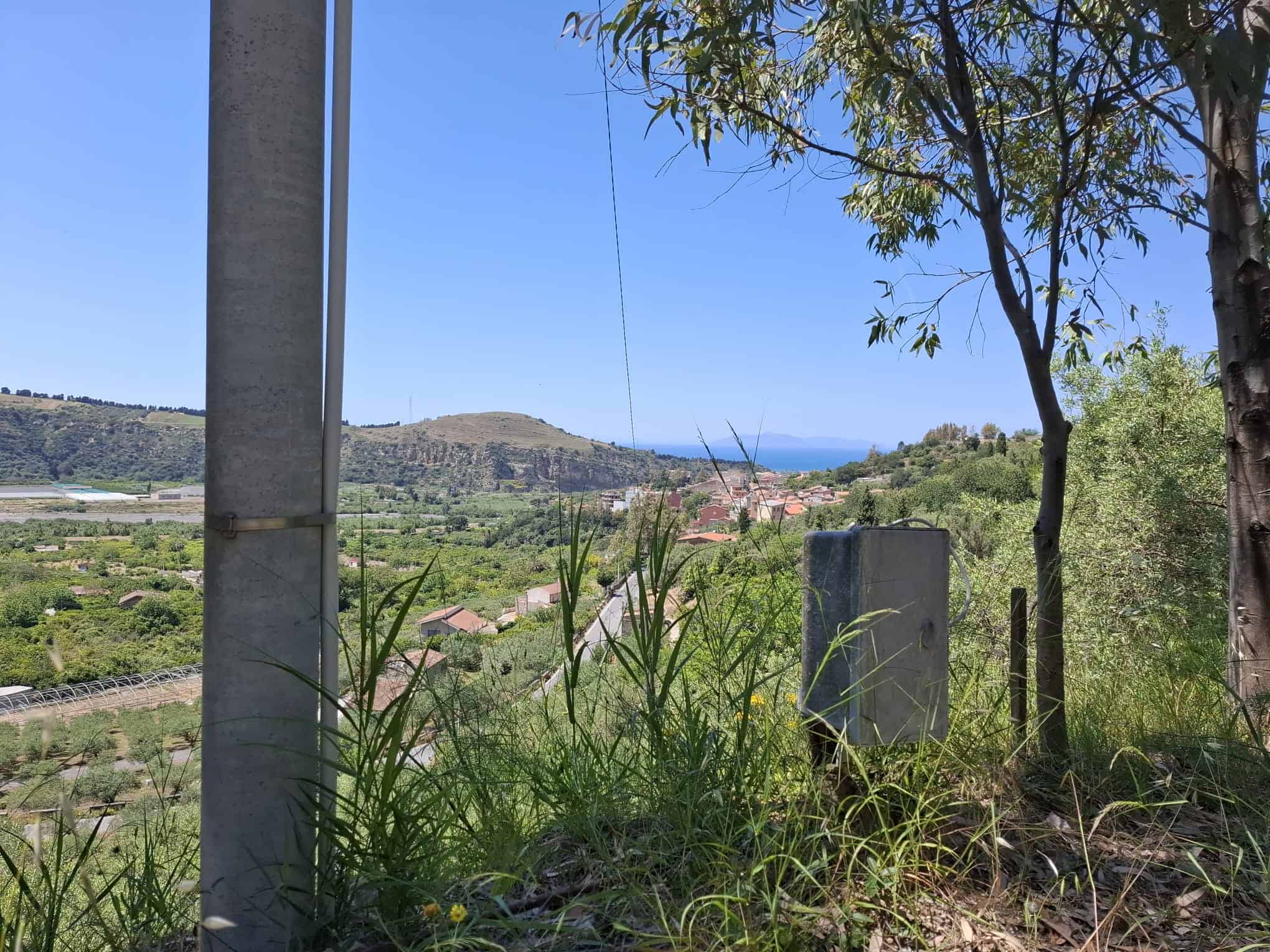 Paesaggio rurale con vegetazione, alberi e vista sul mare in lontananza, in un'area collinare con cielo sereno, ideale per immobili e terreni in vendita in Italia.