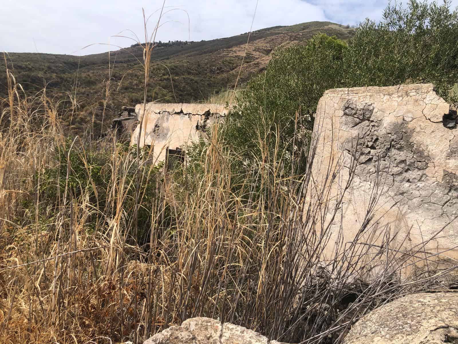 Abbandono rurale con rovine di edifici in pietra e vegetazione selvaggia, sfondo di colline e cielo nuvoloso, rappresenta un sito storico o un'area naturale incontaminata in Italia.