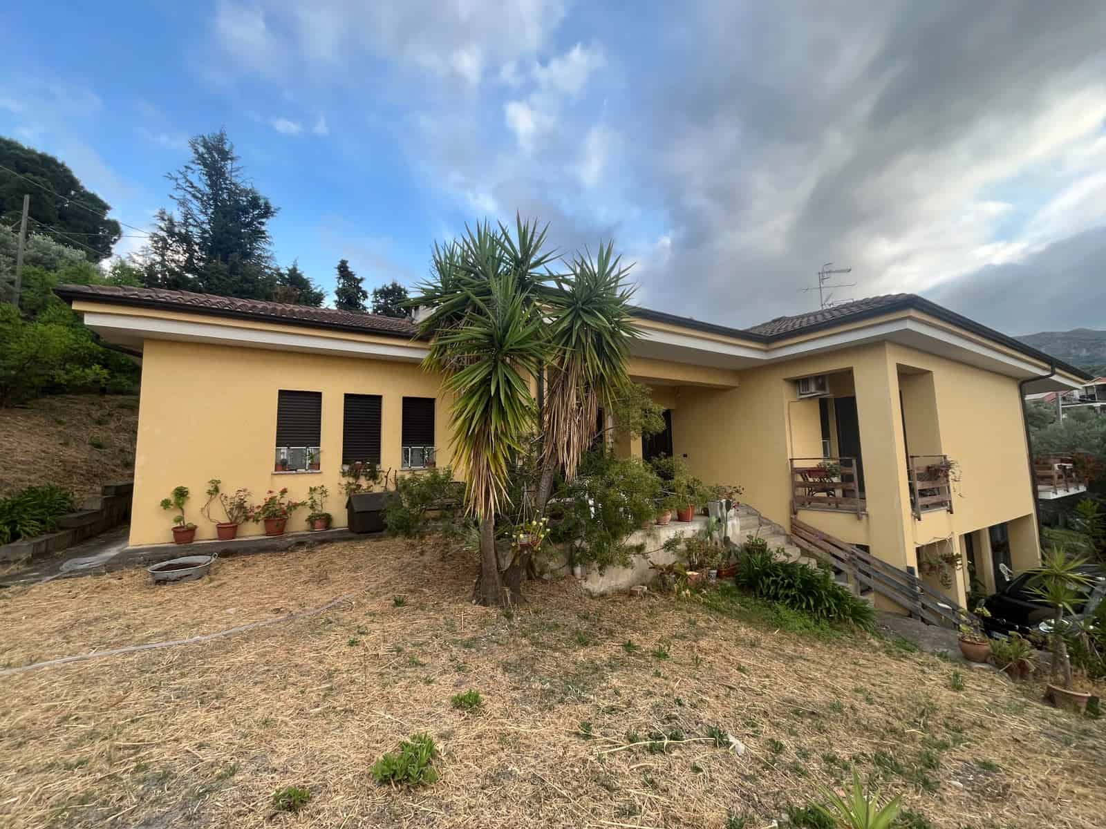 Casa indipendente moderna con giardino e piante tropicali, vista panoramica, in zona residenziale tranquilla, ideale per famiglie e relax.