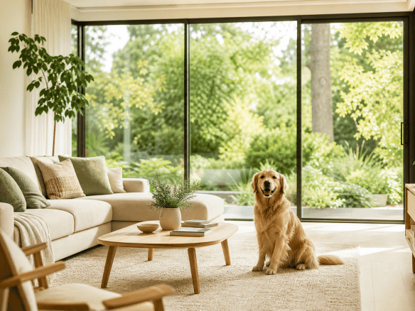 Interno di un soggiorno luminoso con grande vetrata che mostra un giardino verde, con un cane seduto sul tappeto.