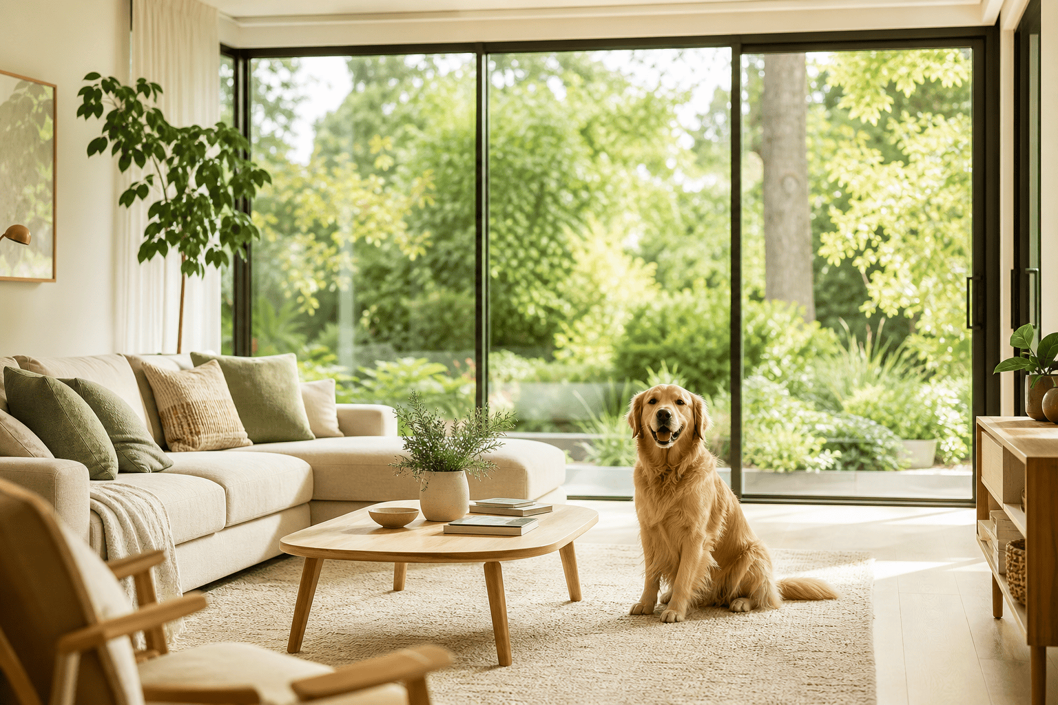 Interno di un soggiorno luminoso con grande vetrata che mostra un giardino verde, con un cane seduto sul tappeto.